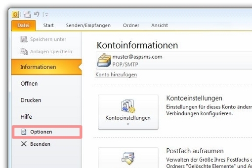Outlook 2010 Optionen öffnen.