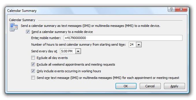 Outlook 2010 Mobile-Benachrichtigung - Calendar Summary.